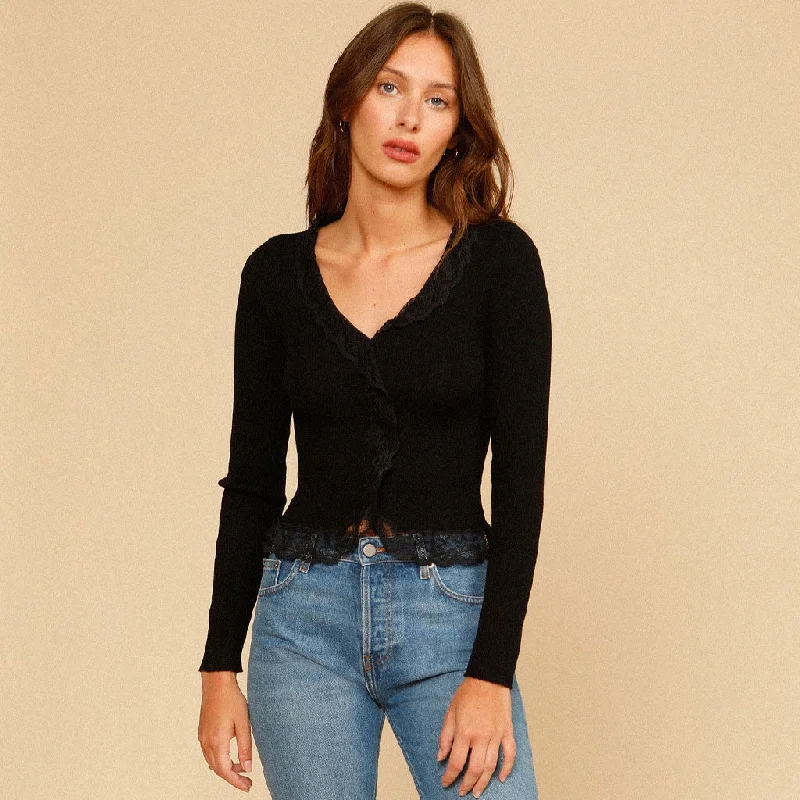 French Lace Edge Long Sleeve Button Front Rib Knit Top - Black Bohemian Knit Top