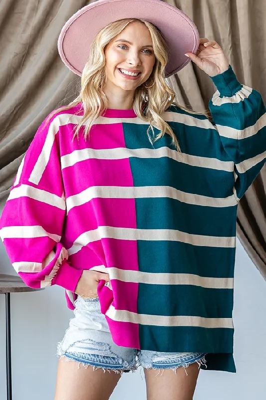 Fuchsia Striped Colorblock Dolman Knit Top Travel Knit Top