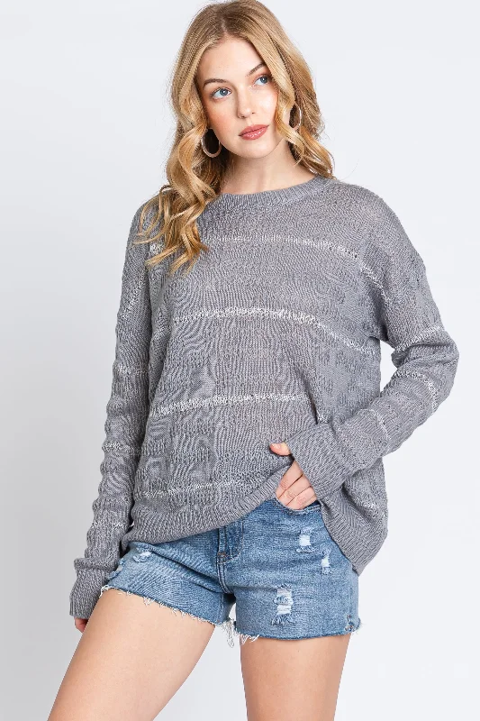 Grey Striped Open Knit Top Summer Knit Top