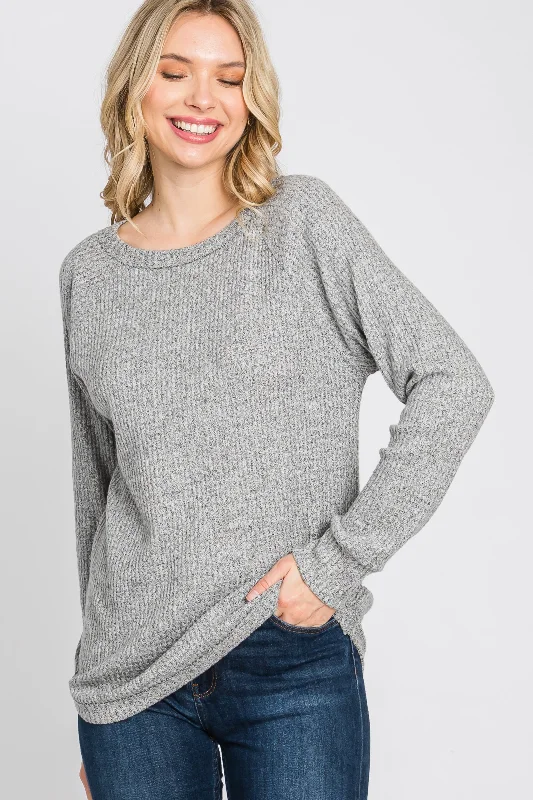 Heather Grey Brushed Waffle Knit Top V Neck Knit Shirt