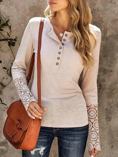 Lace Detail Half Button Long Sleve Knit Top Party Knit Blouse