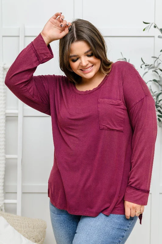 Hazel Blues® | Long Sleeve Knit Top With Pocket In Burgundy One Shoulder Knit Shirt