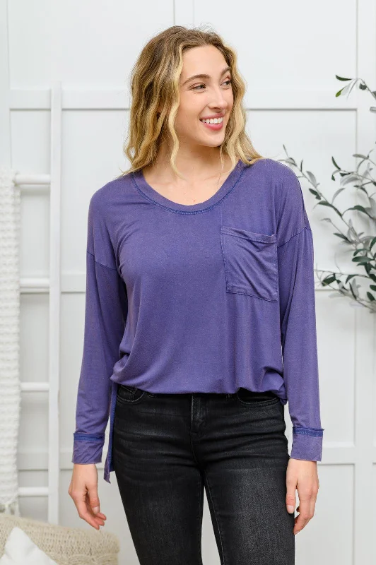 Hazel Blues® | Long Sleeve Knit Top With Pocket In Denim Blue Off Shoulder Knit Top