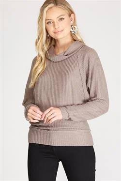 MOCHA COWL NECK BRUSHED THERMAL KNIT TOP S8SS6886 Sophisticated Knit Shirt