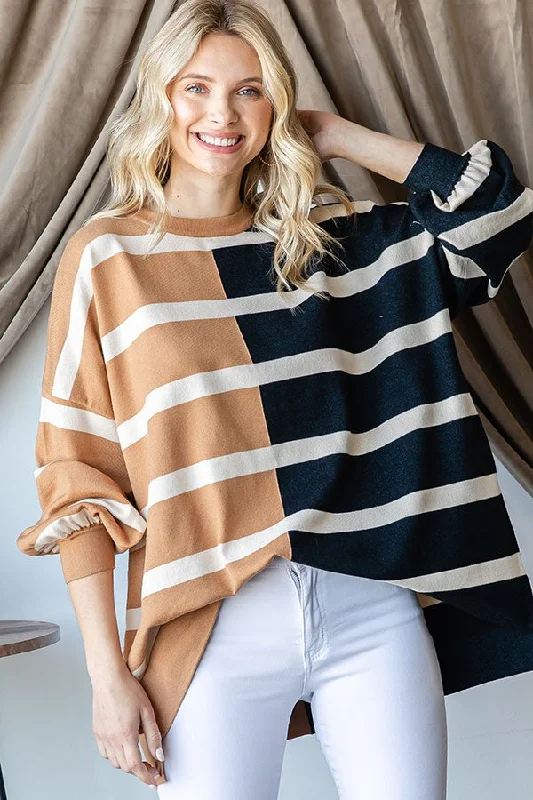 Mocha Striped Colorblock Dolman Knit Top Fashion Knit Shirt