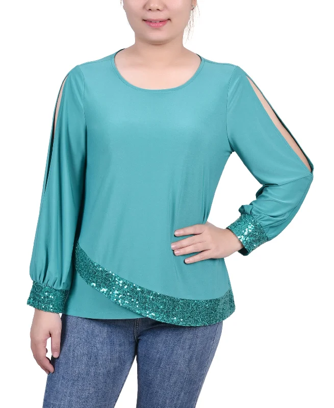 NY Collection Petite Long Sleeve Knit Top With Sequin Hem Sustainable Knit Top