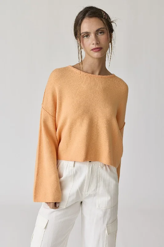 Peach Loose Fit Round Neck Crop Length Knit Top Lightweight Knit Tee