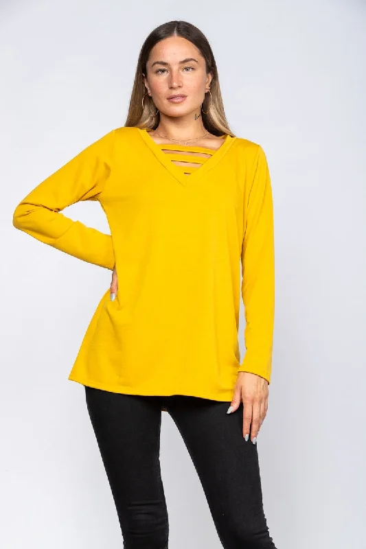 MUSTARD RIBBEB TUNIC KNIT TOP ET5142S Affordable Knit Blouse