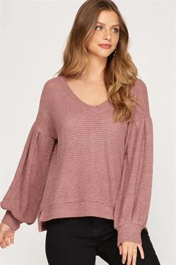 RED BEAN V-NECK LONG BISHOP SLEEVES THERMAL KNIT TOP S8SS7596 Vintage Knit Top