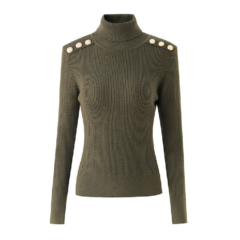 Stylish Button Detail Shoulder Pad Turtleneck Long Sleeve Cable Ribbed Knit Top Gold Knit Top