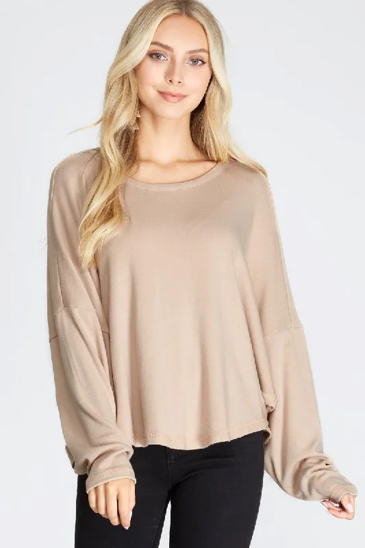 TAUPE BATWING LONG SLEEVES BACK NECK STRAP DETAIL KNIT TOP S8SS7759 Turquoise Knit Top