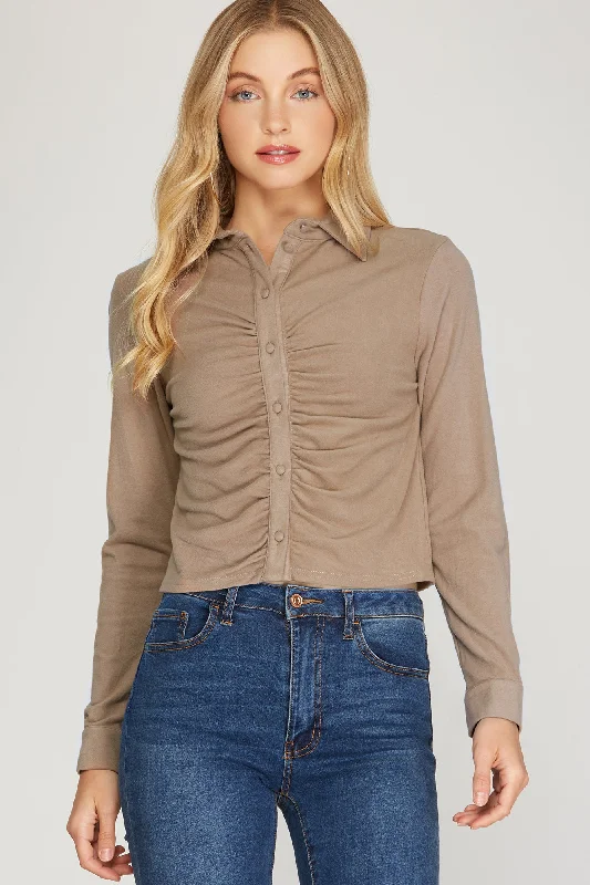 TAUPE CUFF LONG SLEEVES BRUSHED STRETCH SHIRRING DETAILED KNIT TOP S8SS8709 Eco-Friendly Knit Top