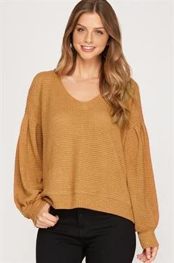 CAMEL V-NECK LONG BISHOP SLEEVES THERMAL KNIT TOP S8SS7596 Retro Knit Shirt