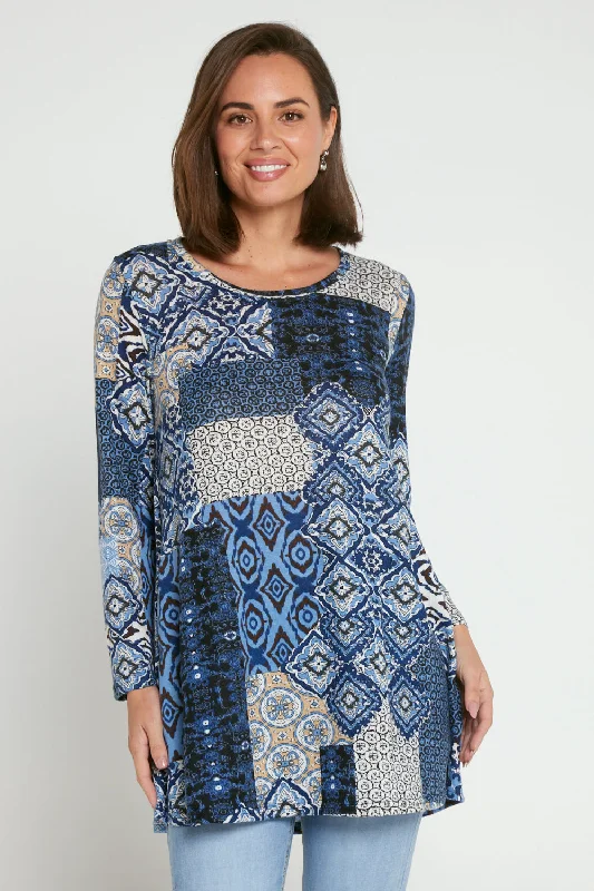 Barb Knit Top - Blue Ceramic Floral Knit Shirt