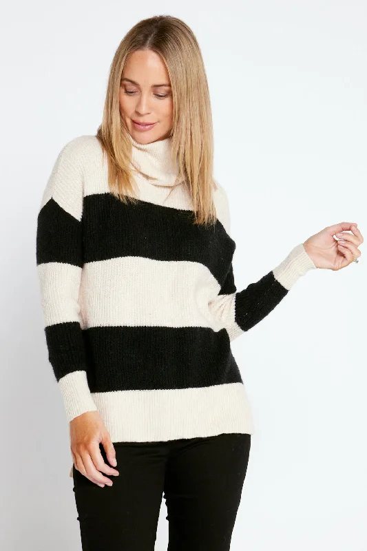 Barika Cowl Knit Top - Cream/Black Stripe Bright Color Knit Shirt