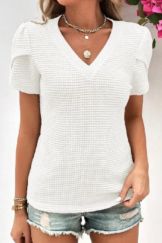 White V Neck Petal Sleeve Waffle Knit Top Halter Neck Knit Tee