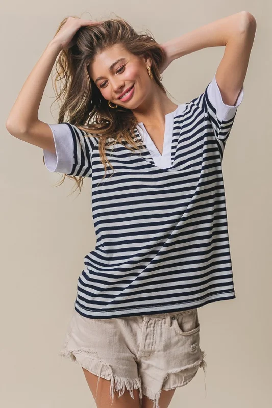 BiBi Contrast Striped Notched Knit Top Retro Knit Shirt