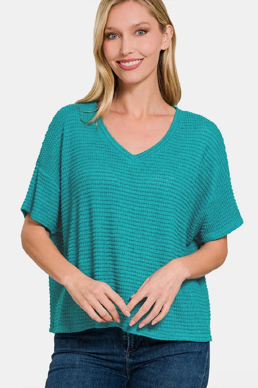 Zenana Drop Shoulder Short Sleeve Jacquard Knit Top Organic Knit Top