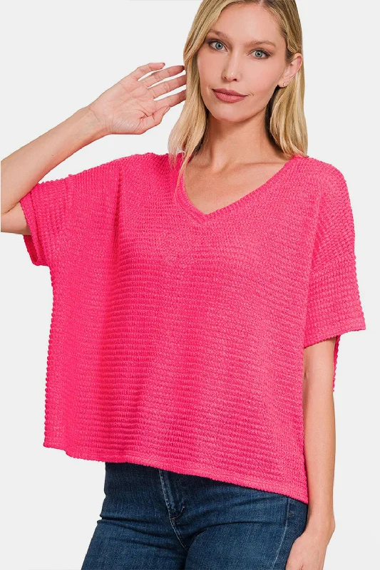 Zenana Drop Shoulder Short Sleeve Jacquard Knit Top Hemp Knit Blouse