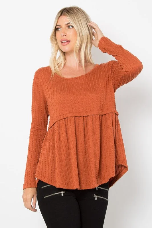 Rust Full Size Texture Babydoll Round Neck Long Sleeve Knit Top Off Shoulder Knit Top