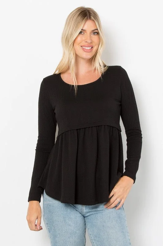 Black Full Size Texture Babydoll Round Neck Long Sleeve Knit Top One Shoulder Knit Shirt