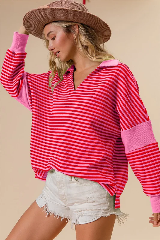 BiBi Striped Contrast Long Sleeve Knit Top Daily Wear Knit Tee