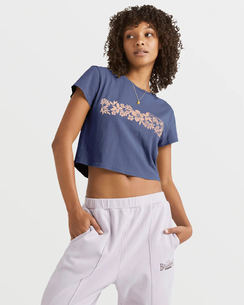 BILLABONG TAHITI CROP WOMENS TEE - BLUE Graphic Embroidered Appliqued