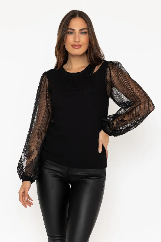 Black Lace Sleeve Knit Top Festive Knit Tee