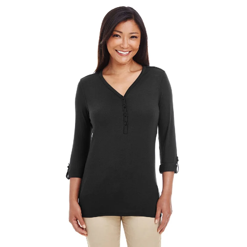 Devon & Jones Women's Black Perfect Fit Y-Placket Convertible Sleeve Knit Top Luxury Knit Top