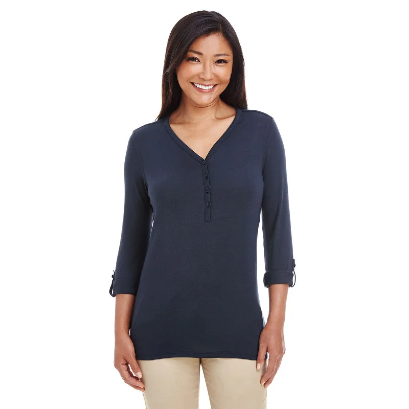 Devon & Jones Women's Navy Perfect Fit Y-Placket Convertible Sleeve Knit Top Classic Knit Tee