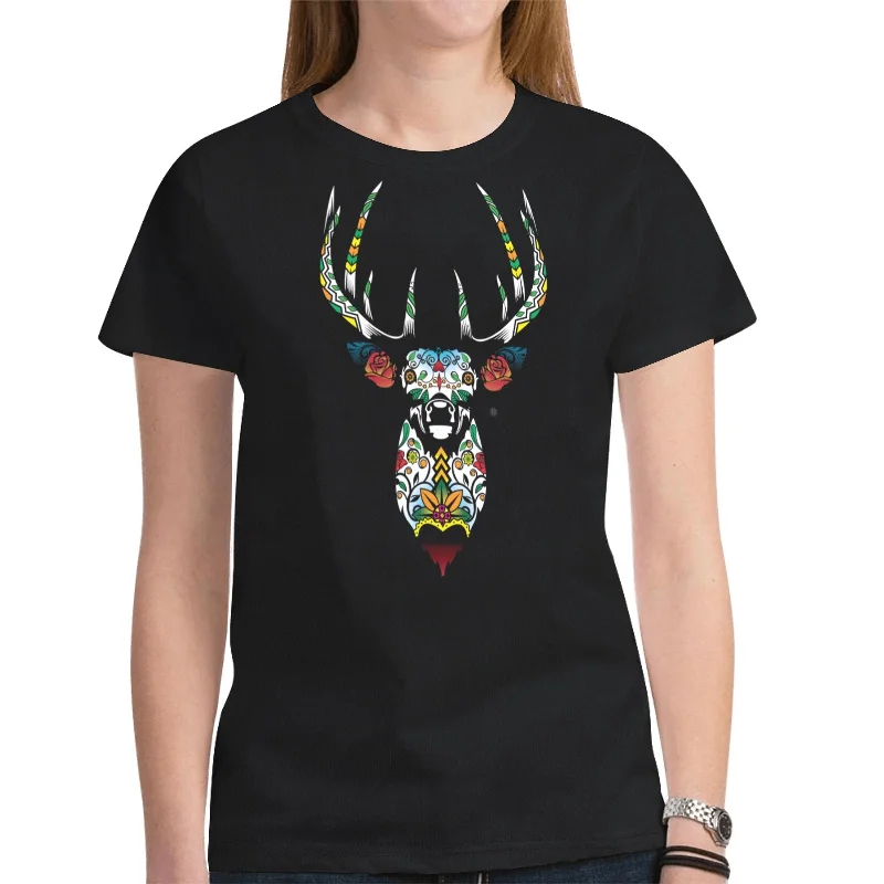 Elk Spirit Guide (Black) T-shirt for Women Solid Color Striped Floral