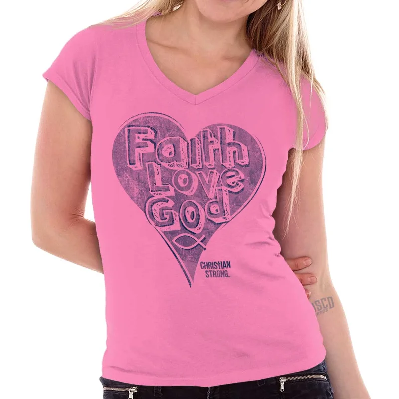 Faith Love God Junior Fit V-Neck T-Shirt Front Pockets Side Pockets Patch Pockets