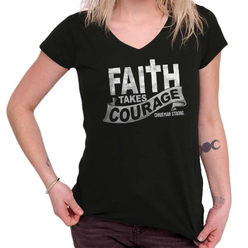 Faith Takes Courage Junior Fit V-Neck T-Shirt Beaded Sequined Faux Fur Beaded Sequined Faux Fur Faith Takes Courage Junior Fit V-Neck T-Shirt Beaded Sequined Faux Fur Beaded Sequined Faux Fur