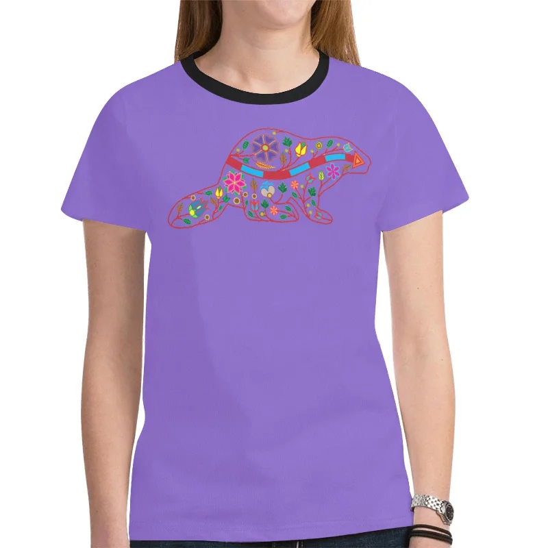 Floral Beaver Spirit Guide (Purple) T-shirt for Women Knit Fabric Woven Fabric Fleece Fabric