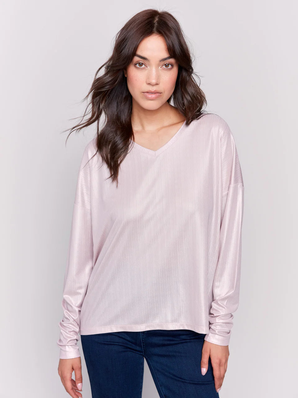 Foiled Knit Top With V Neck Designer Knit Top