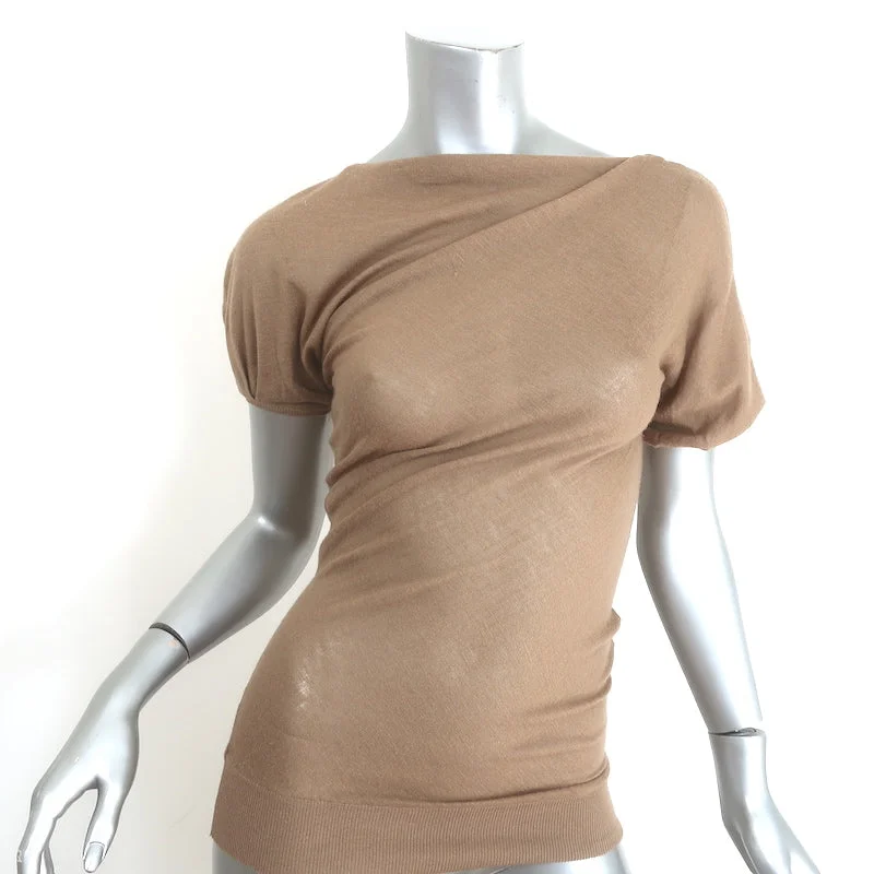 Giambattista Valli Asymmetric Short Sleeve Knit Top Tan Wool-Cashmere Size 44 Women's Knit Top