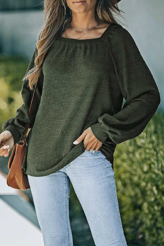 Square Neck Puff Sleeve Waffle Knit Top Ribbed Knit Shirt