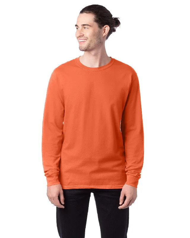 Hanes ComfortSoft Cotton Long Sleeve T-Shirt | Texas Orange Plaid T-Shirt Polka Dot Checkered