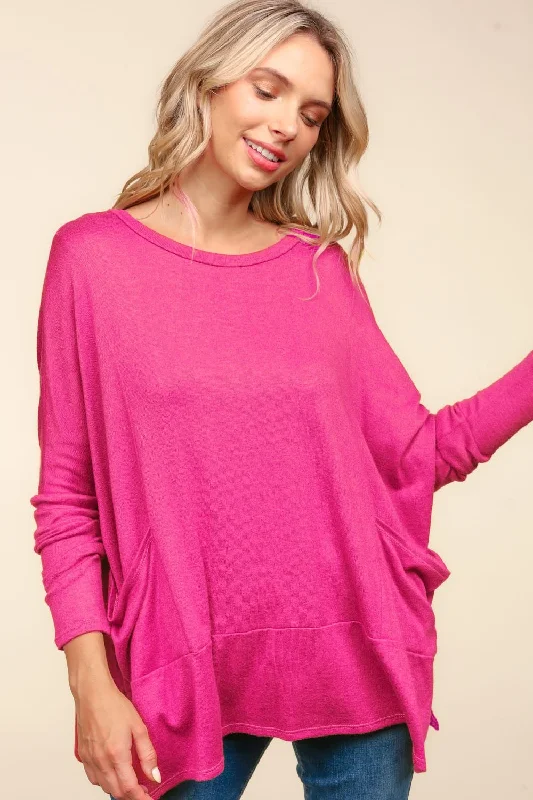 Haptics Dolman Long Sleeve Oversized Knit Top with Pockets Linen Knit Blouse