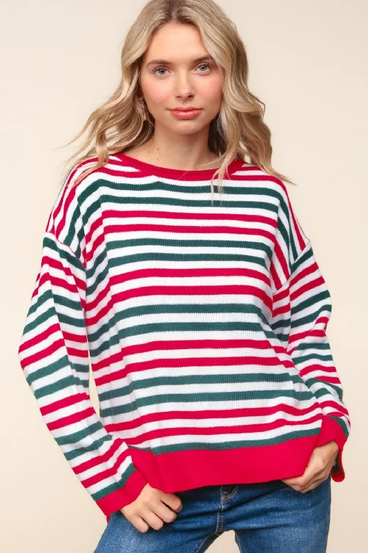 Haptics Full Size Striped Contrast Side Slit Knit Top Women's Knit Top