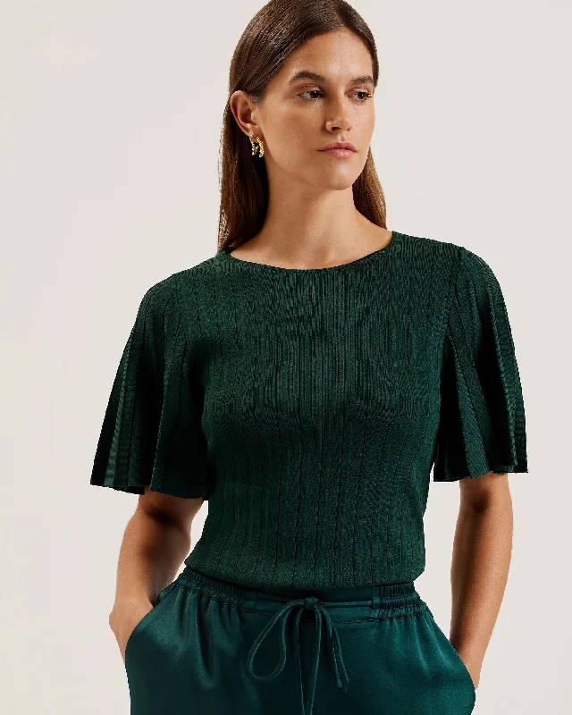 Iivanna Crew Neck Fluted Sleeve Knit Top Dk-Green Fashion Knit Shirt