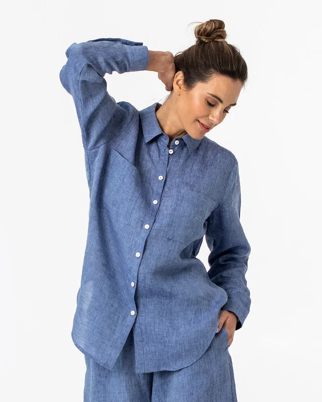 Long-sleeved linen shirt CALPE in Denim chambray Mesh Blend Leather Blend Suede Blend