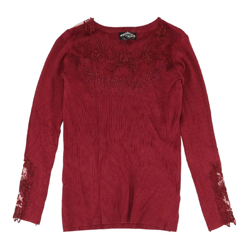 Maroon Embroidery Detail Knit Top Affordable Knit Blouse