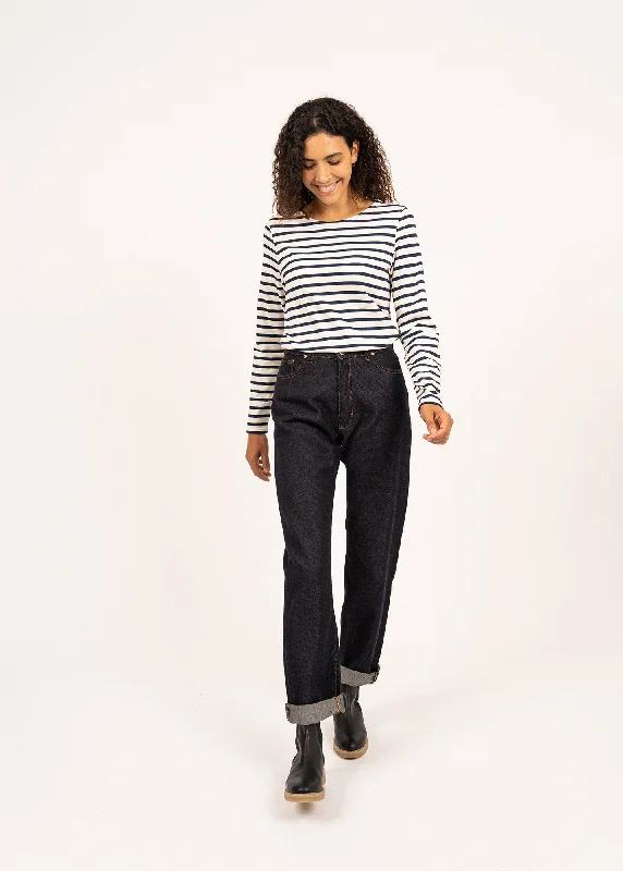 MINQUIDAME - Breton Striped Shirt with Long Sleeve | Soft Cotton | Women Fit (ECRU / NAVY) Spandex Blend Rayon Blend Denim Blend