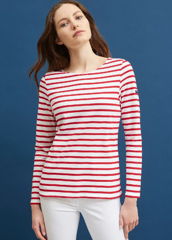 MINQUIDAME - Breton Striped Shirt with Long Sleeve | Soft Cotton | Women Fit (WHITE / RED) Terry Blend Velvet Blend Canvas Blend