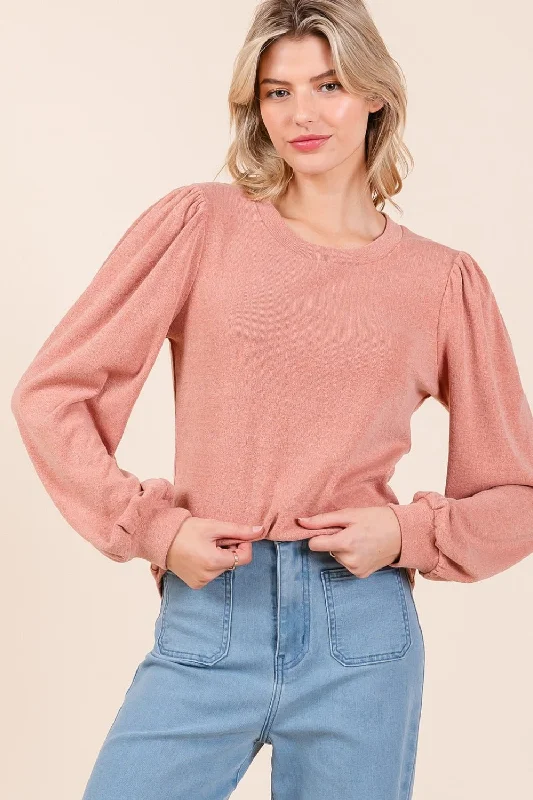 Mittoshop Round Neck Long Sleeve Rib Knit Top Burgundy Knit Shirt