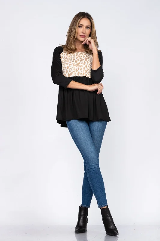 NOIR BLACK ANIMAL PRINT BABY-DOLL STYLE KNIT TOP B50596 Gold Knit Top