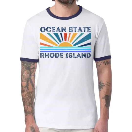 Ocean State Rhode Island White and Navy Vintage Unisex Ringer Tee Sequined Glittery Shiny