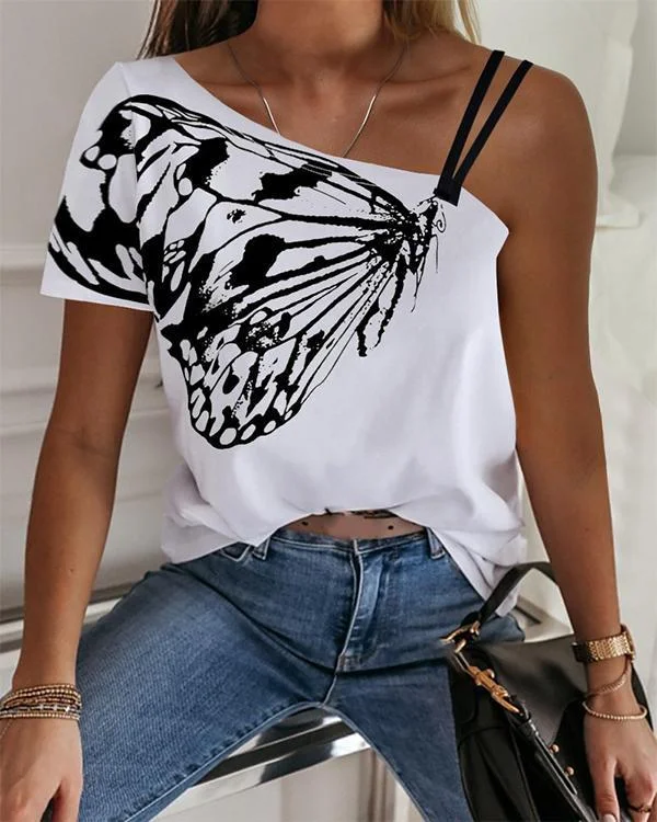 hoombox One Shoulder Butterfly Print Casual T-shirt Seamless Knitted Crochet