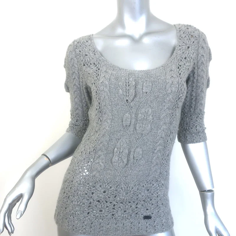 Oscar de la Renta Crochet Cable Knit Top Gray Cashmere-Silk Size Medium Mustard Yellow Knit Tee